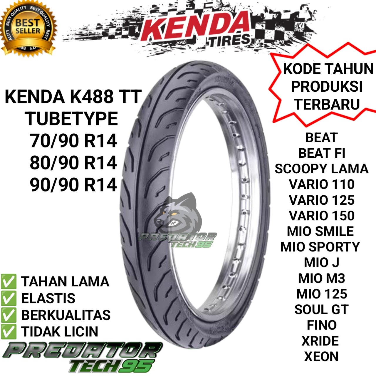 Outer Tire Kenda K488 Tt Tubetype Ring 14 R14 70/90 80/90 90/90 Beat Scoopy Spacy Vario Mio Fino Xride Xeon Soul Gt Harga 176,750 rupiah*Gratis Ongkir