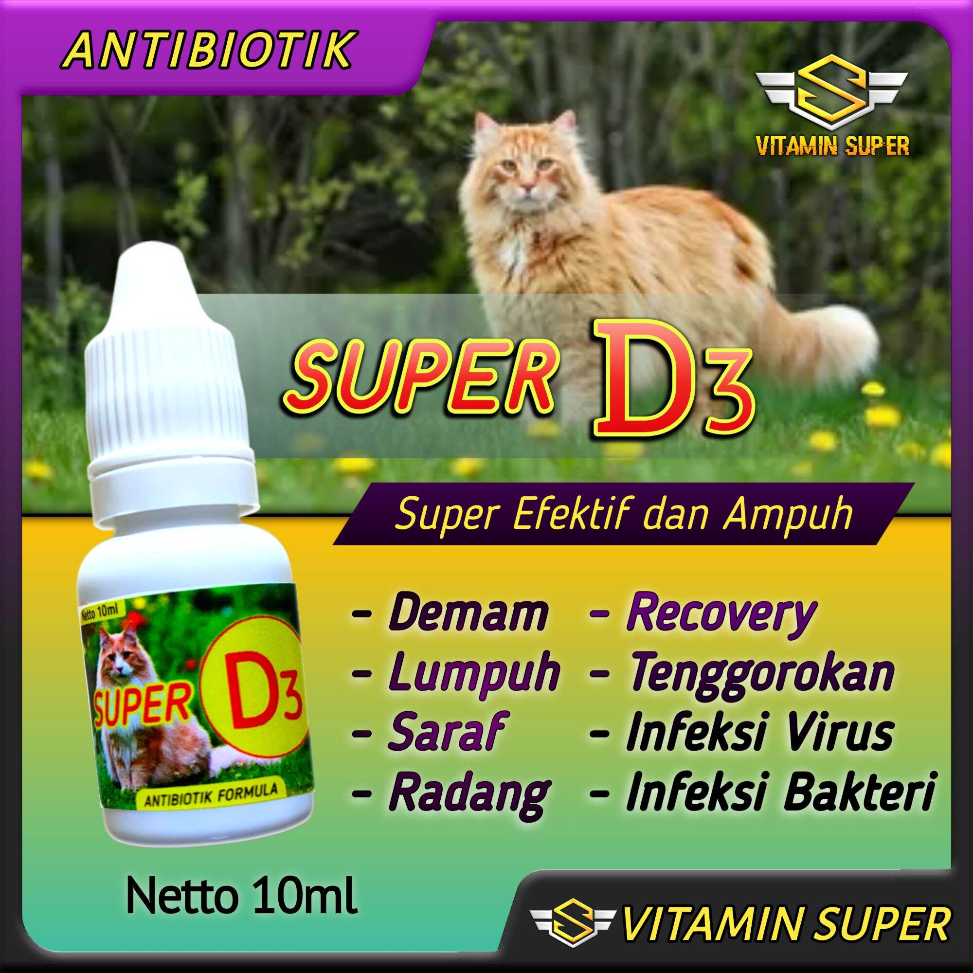 Obat Kucing Antibiotik Super D3 Antibiotik Penurun Panas, Lumpuh, Demam, Infeksi Virus, Infeksi Bakteri, Lemes, dan Radang tenggorokan. 
