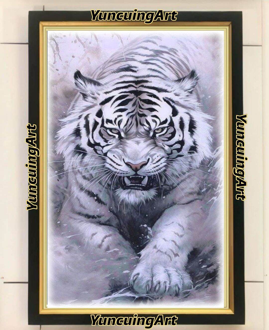 hiasan dinding poster macan harimau putih plus bingkai ukuran 53*35