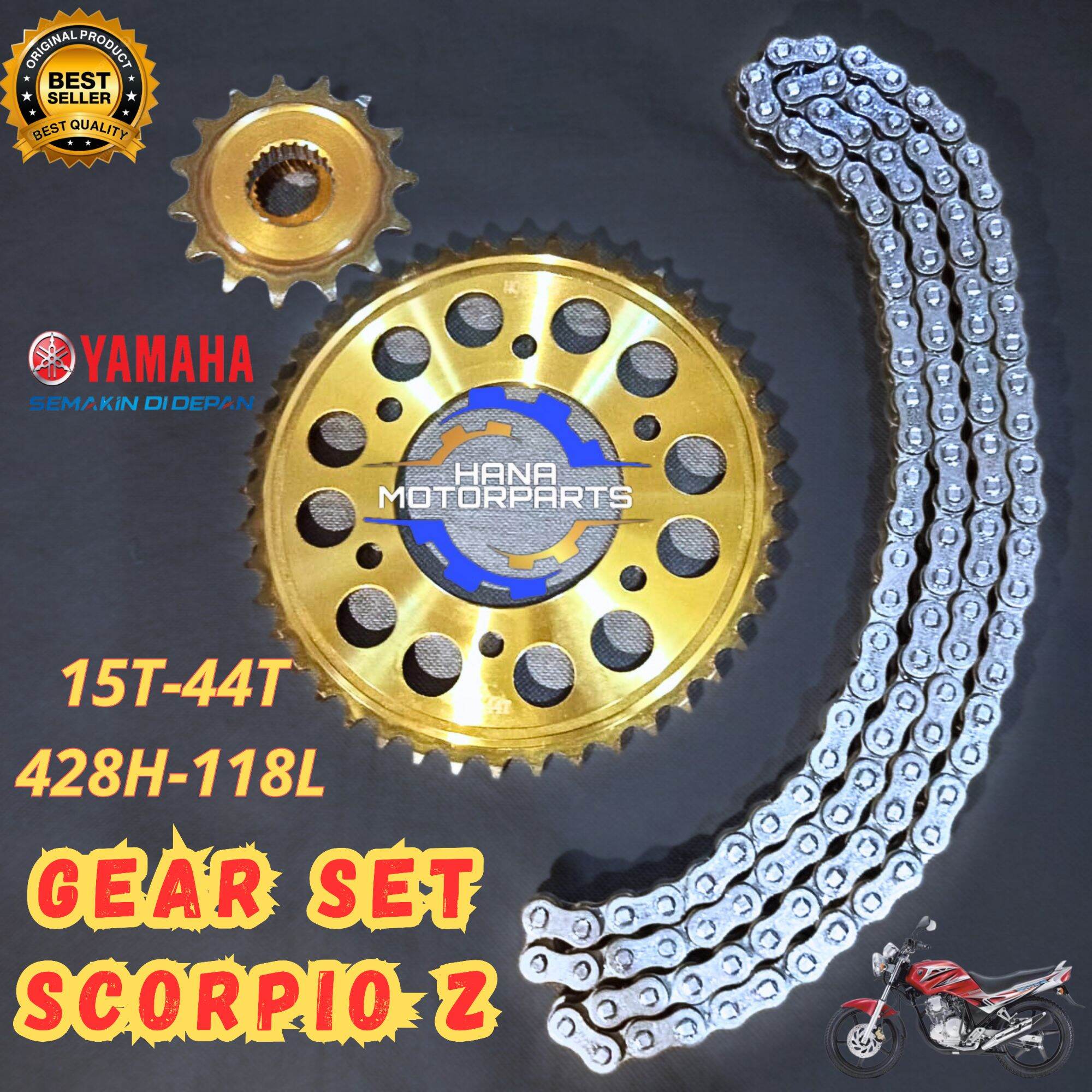 Gear Set Scorpio Z Gir Package Scorpio Racing Gold Pull-Out Gear 15T-44T 428H-118L Harga 127,500 rupiah*Gratis Ongkir