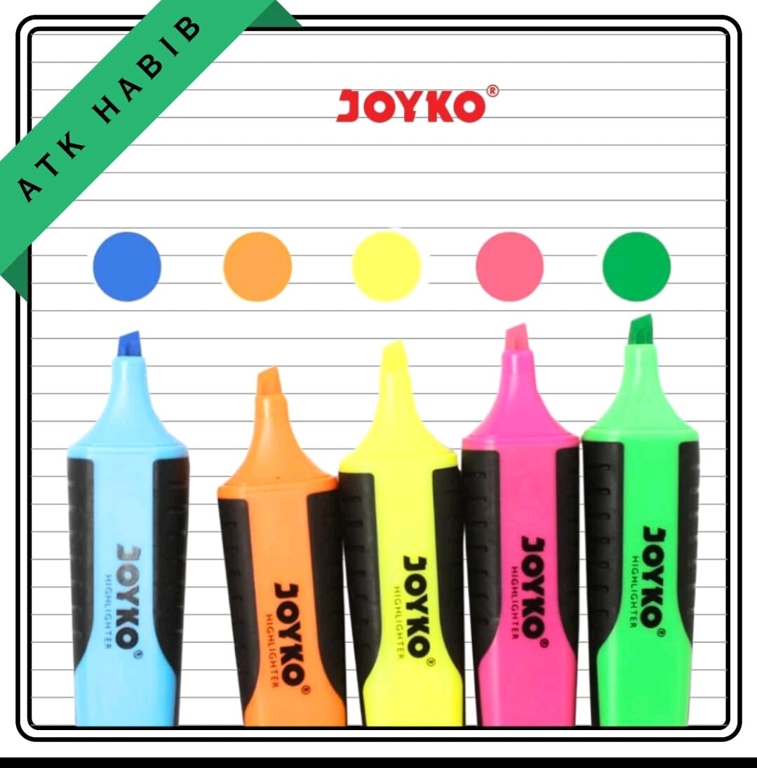 Highlighter Joyko Stabilo Penanda Warna Ecer (Hitam) - Biru Oranye Kuning Merah Muda Hijau - 5 Warna
