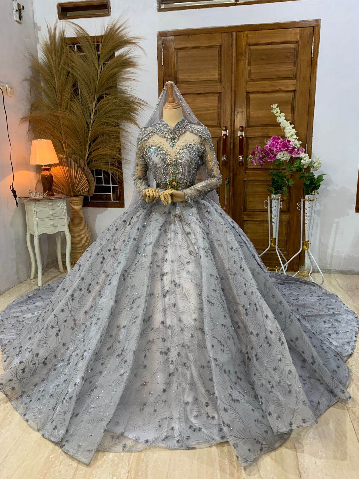 grey purple wedding dress Light Gray Lavender A Line Tulle Wedding Dress With Detachable Sleeves -