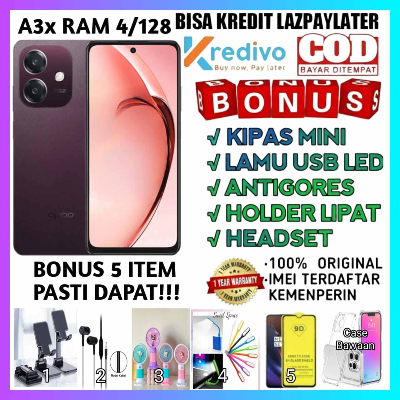 Oppo A3X Ram 4 + 128 original IMEI listed Ministry of Industry Harga  1,185,000 Ringgit*Penghantaran Percuma