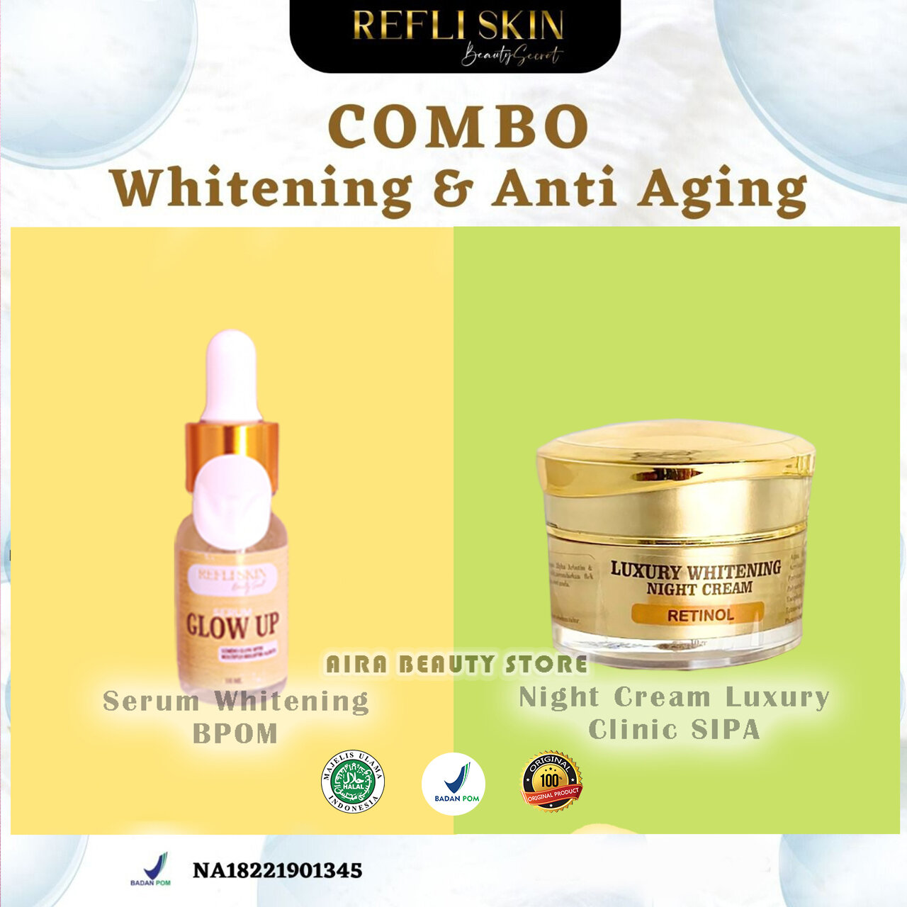 Paket Combo Night Cream Luxury dan Serum Glow Up by Refliskin