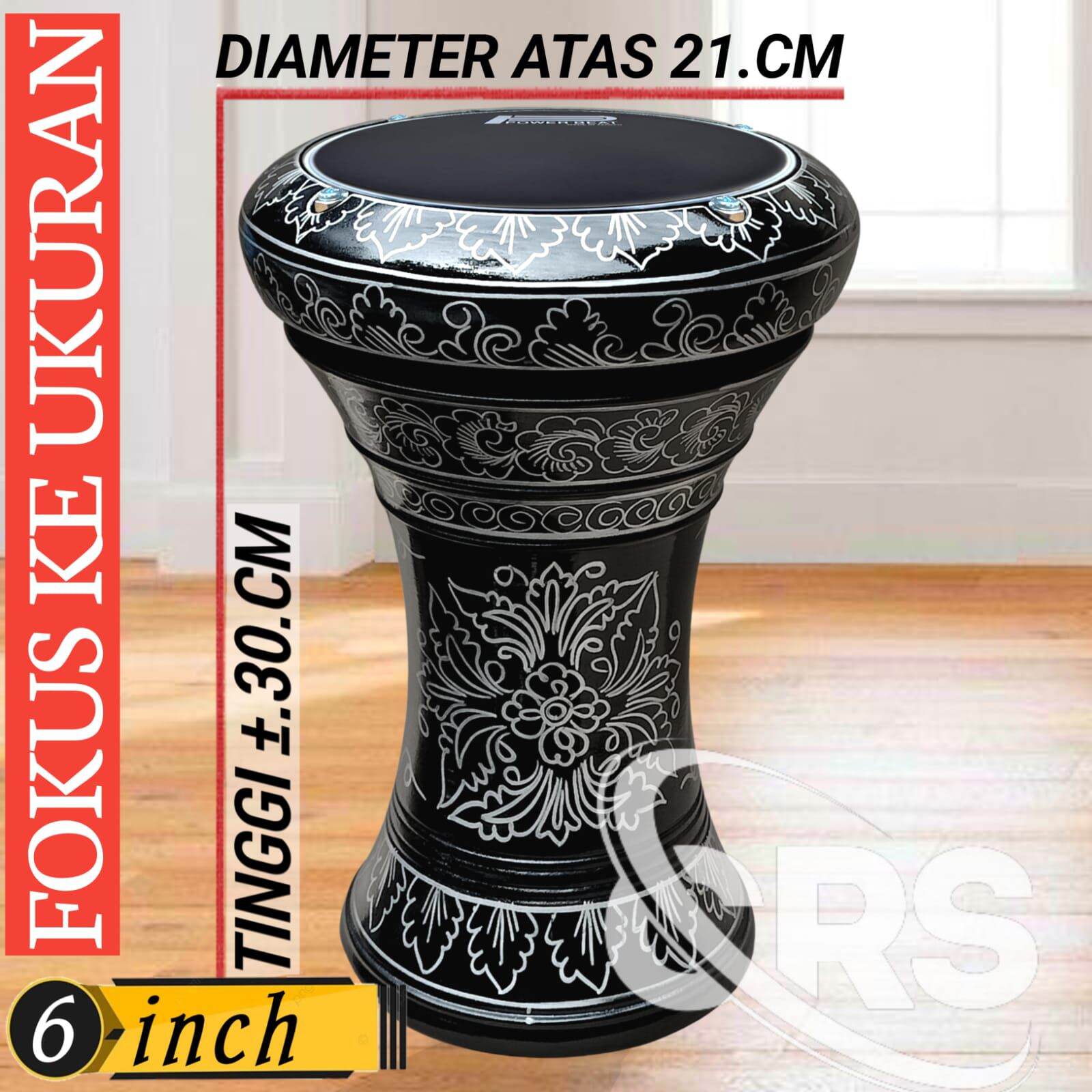 Darbuka Kayu Alat Musik Islami 6 & 8 inch Hitam Silver Mika Hitam