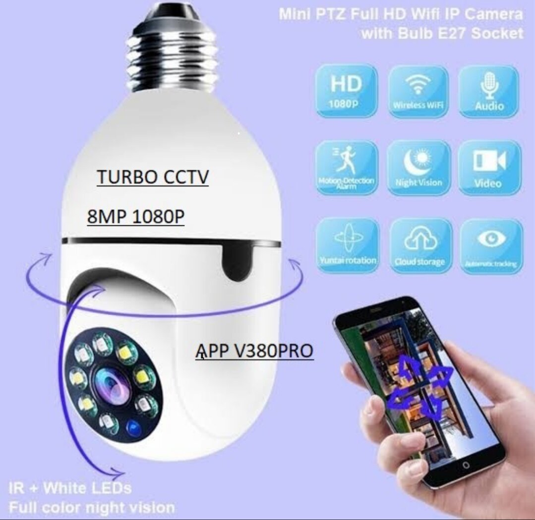 Kamera CCTV IP 8mp Camera V380 Pro Bohlam Lampu 360 View WiFi Wireless / Cctv Bohlam Lampu Night Vision Malam... Harga 105,000 rupiah*Gratis Ongkir