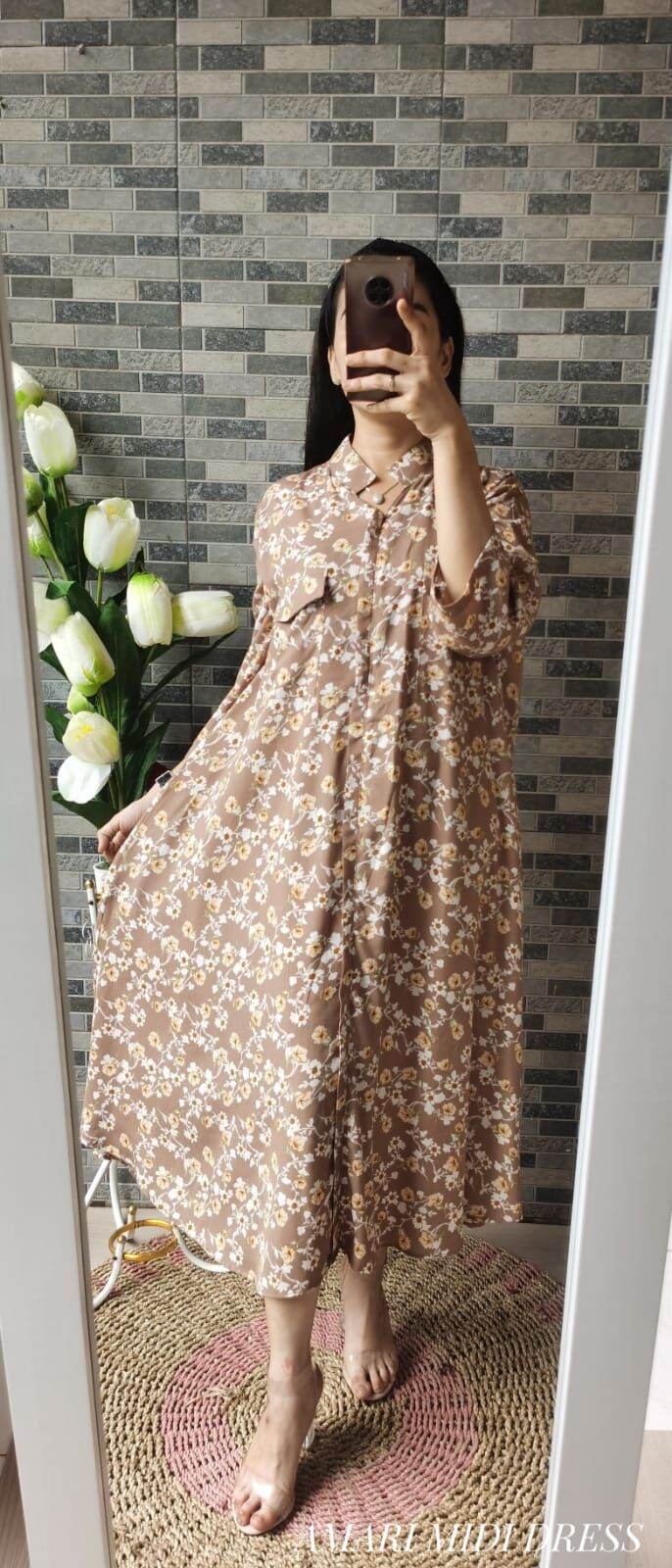 BISA COD AZKIYAHIJAB29 AMARI MIDI DRESS KOREA KERAH CHANGI FULL KANCING DRESS RAYON MOTIF JUMBO