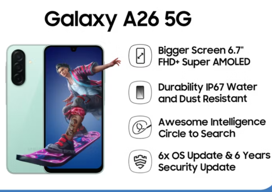 Samsung A26 8/256GB 50 MP wide f/1.8 8 MP ultrawide f/2.2 2 MP macro f/2.4 Official warranty Harga  3,949,000 Ringgit*Penghantaran Percuma