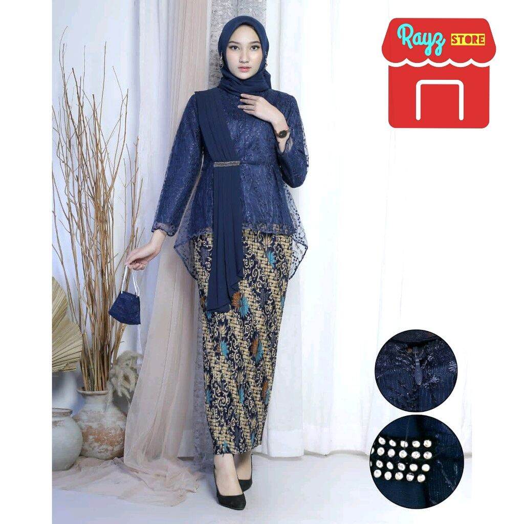 Setelan kebaya modern biru navy model Aurora selendang atau selempang ...