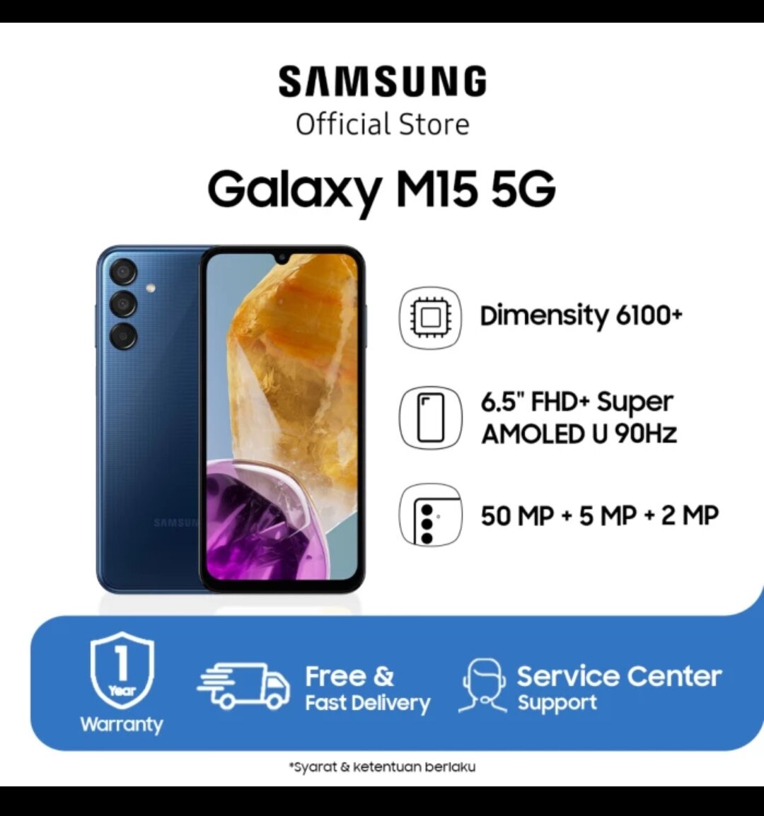 SAMSUNG GALAXY M15 5G 6/128 GB RESMI Giá 2,499,900 Đồng*Miễn phí vận chuyển