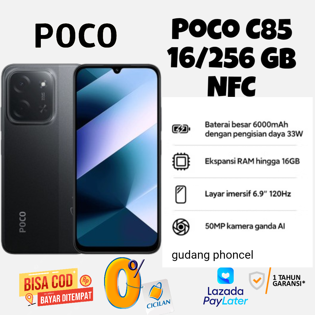 Poco C85 Nfc, Ram 16/256Gb, Mediatek Helio G81 Ultra, Official 1 Year Warranty Harga 1,695,000 rupiah*Gratis Ongkir