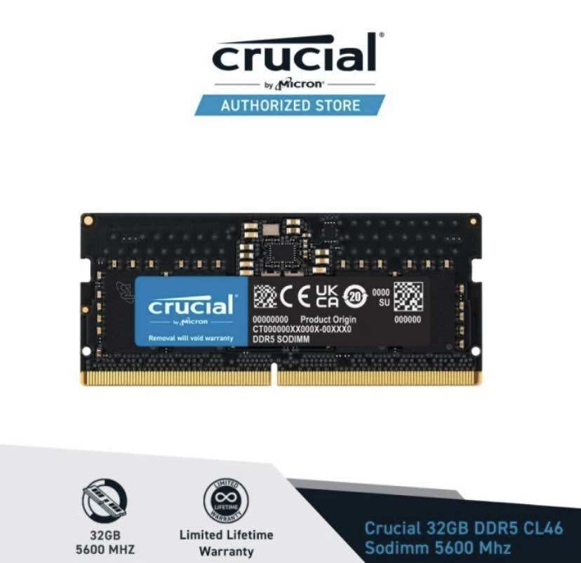 Memory Laptop Crucial SODIMM 32GB DDR5 - RAM NoteBook 24GB DDR5 PC 5600 Harga 1,999,000 rupiah*Gratis Ongkir