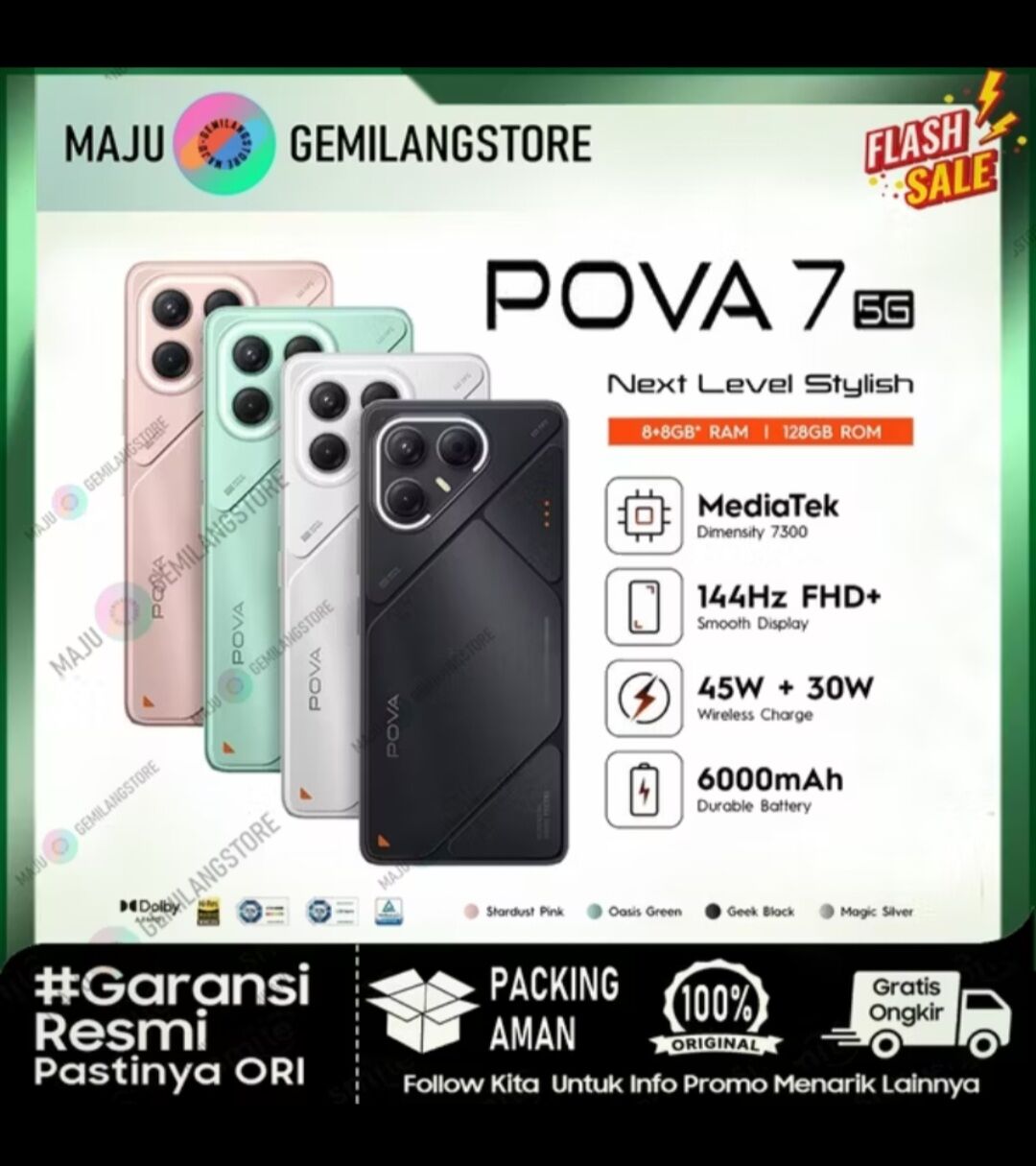 Tecno Pova 7 5g - 8+8Gb*/ 256Gb, 6000 Mah, Mediatek D7300 Ultimate, 144Hz Smooth Display, 50Mp Primary Camera, Android 15 - Hios 15 - Pova7 5g Harga 2,839,000 rupiah*Gratis Ongkir