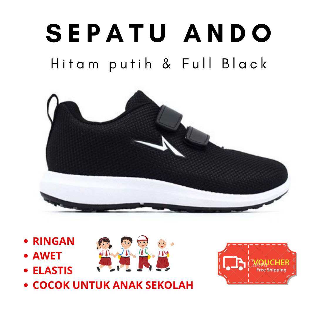 SEPATU ANDO PEREKAT UNTUK ANAK SEKOLAH LAKI LAKI DAN WANITA WARNA HITAM PUTIH DAN HITAM HITAM FASHION - Merek Ando Harga 97,500 rupiah*Gratis Ongkir