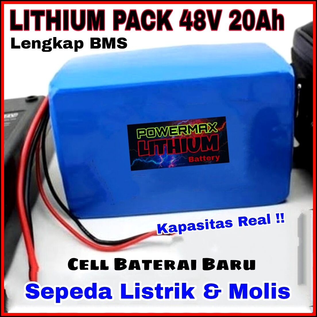 LITHIUM PACK POWERMAX 48V 20AH LENGKAP BMS, Aki Sepeda Listrik Molis, Berkualitas Kapasitas Asli ...