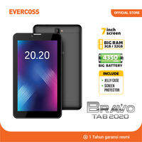 Evercoss Bravo Tab 2020 tablet layar 7 inci RAM 3GB ROM 32GB baterai besar termasuk casing jelly dan pelindung layar.
