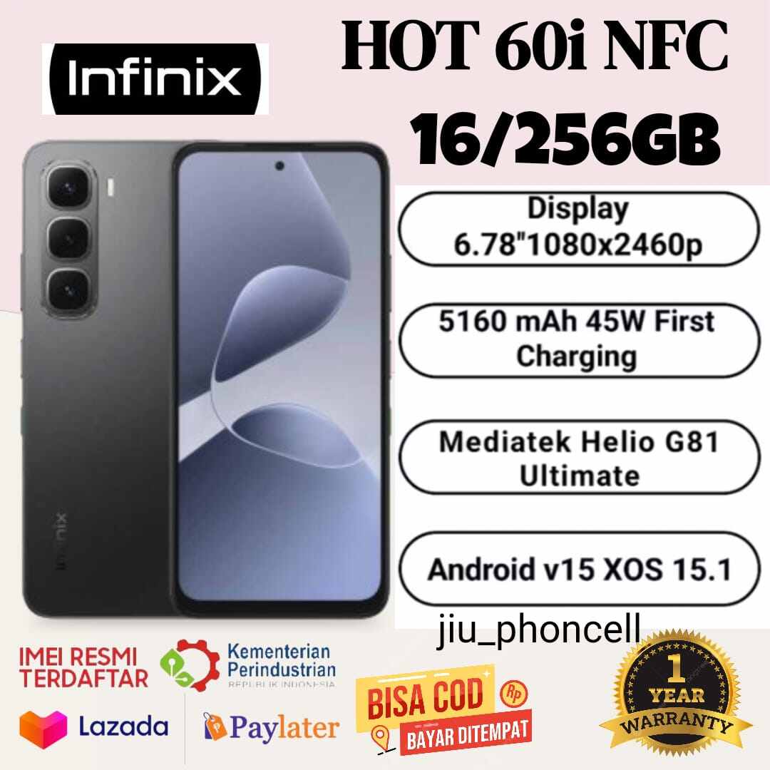 Infinix Hot 60I Nfc Ram 16+256 Gb Helio G81 (Replacement for 50I) 45W Fast Charging 5160 Mah Official Warranty 1 Year (Registered Imei) Giá 1,097,000 Đồng*Miễn phí vận chuyển