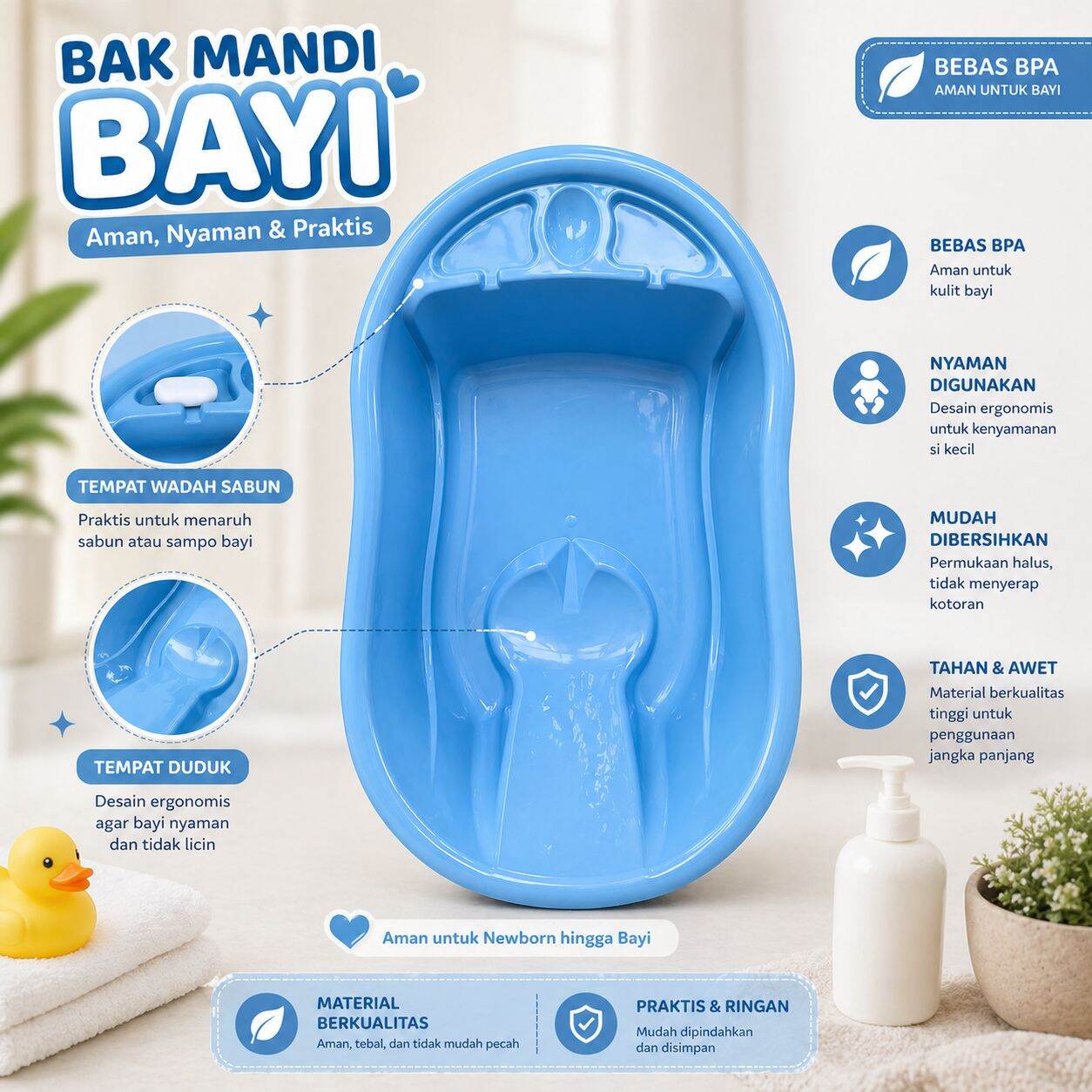 Bak Mandi Bayi karakter dengan Fitur Aman Nyaman Praktis Bebas BPA dan Pilihan Warna.