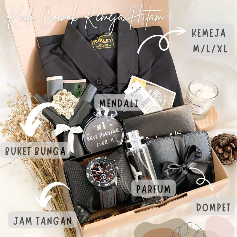 Giftbox hampers kado ulangtahun cowok isi kemeja polos hitam