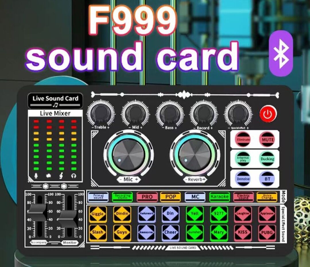 Sound Card F999 Hitam Live Mixer Periferal Kartu Suara Karaoke F999 TerLARiss Harga 64,900 rupiah*Gratis Ongkir