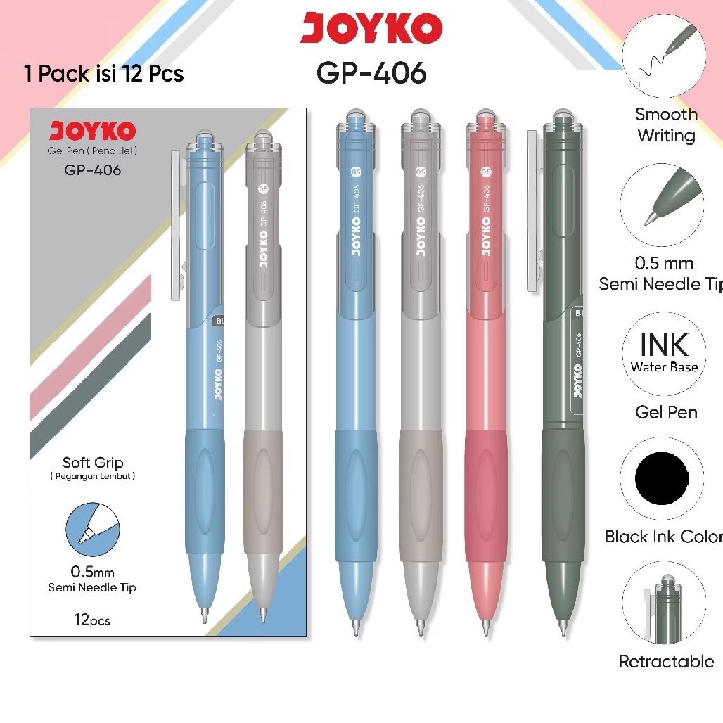 JOYKO GP-406 12 Pack Pulpen Gel 0.5mm Atribut: Tulisan Halus Ujung Semi Jarum Basis Air Warna Hitam Retractable Penggunaan: Menulis Catatan Sketsa