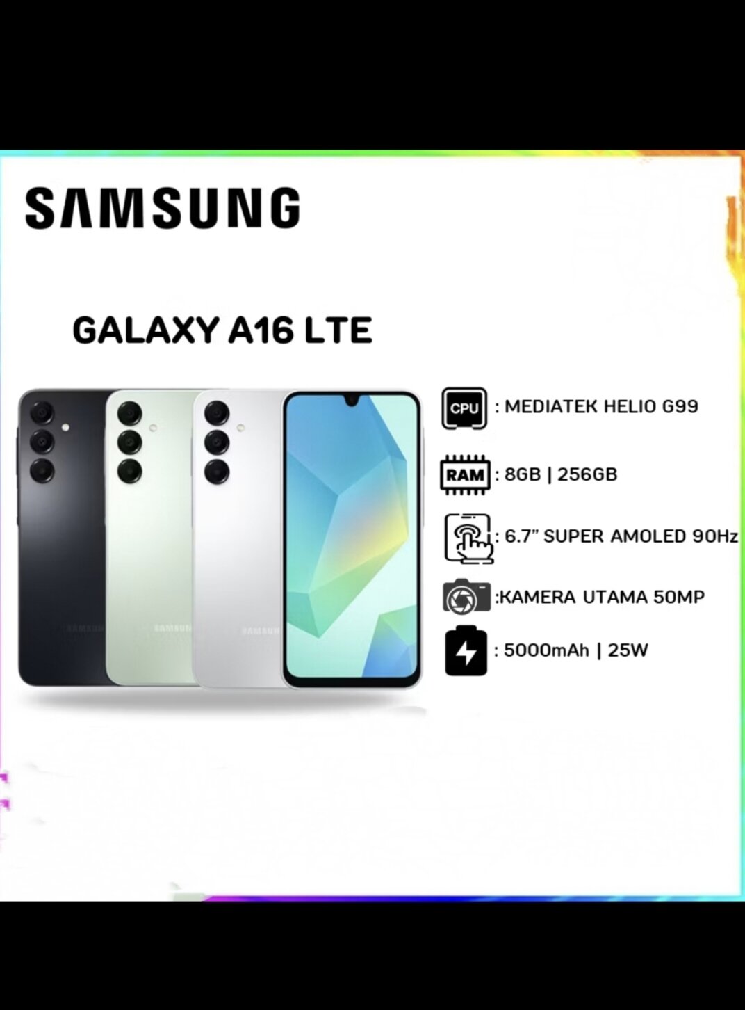 SAMSUNG A16 LTE RAM 8/256 GB GARANSI RESMI ORIGINAL 1 TAHUN Giá 2,850,000 Đồng*Miễn phí vận chuyển